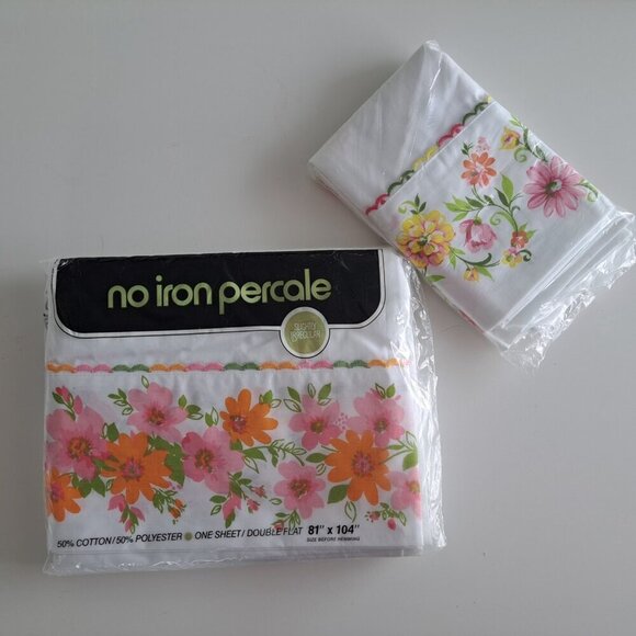 Vintage Bed Sheet Set Pillowcases New Dead stock Floral Embroidered Double Flat - Picture 1 of 7